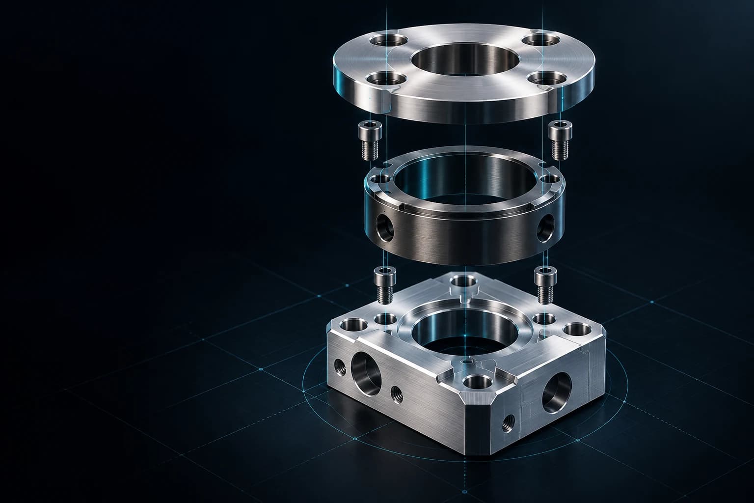 Concept illustration of an exploded machined metal assembly